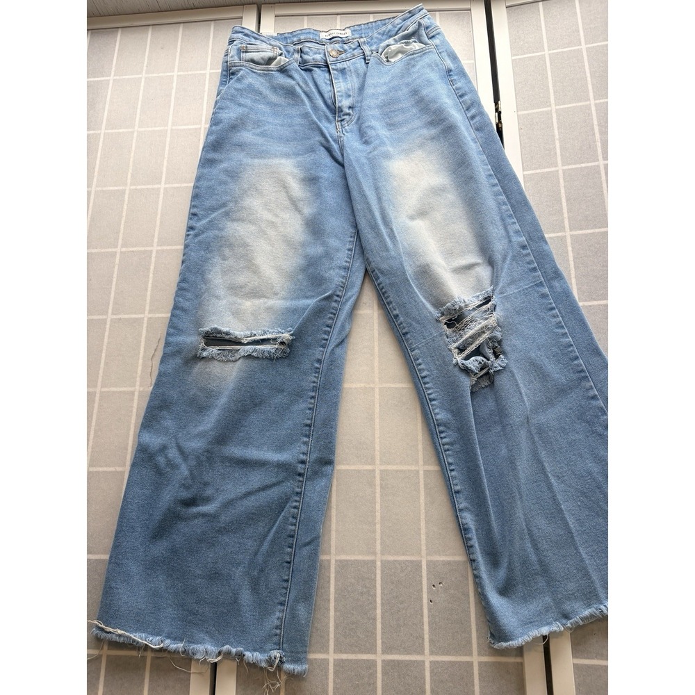 Distressed Super‎ High-Rise Baggy Wide Leg Jeans Light Wash Ripped Hem Size 9